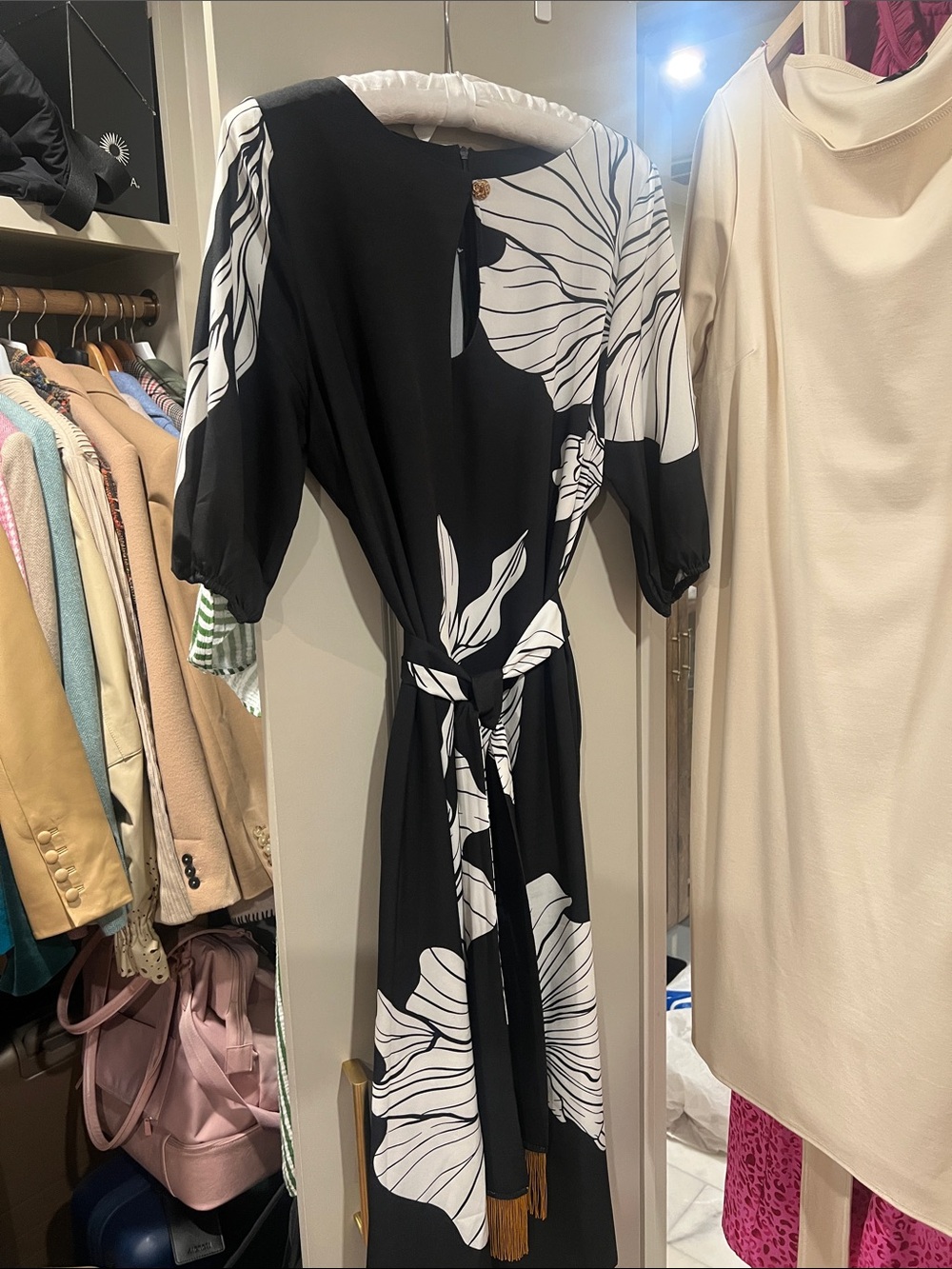 Black & White Floral Midi Dress with Tie Waist